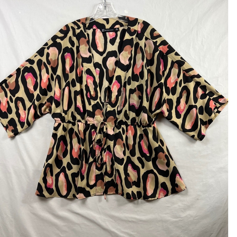 New York & Company Blouse Women XL Pink Tan Leopard Kimono Peplum Drawstring